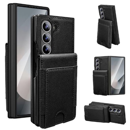 Samsung Galaxy Z Fold7 Leather Case with Card Holder & Tempered Film - Black - 1