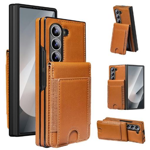 Samsung Galaxy Z Fold7 Leather Case with Card Holder & Tempered Film - Brown - 1