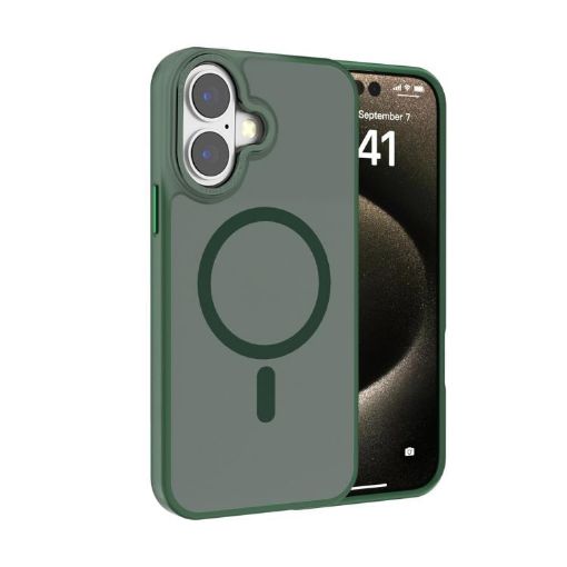 iPhone 16 Kalebol Metal Lens Frame MagSafe Frosted PC Case Dark Green - 1