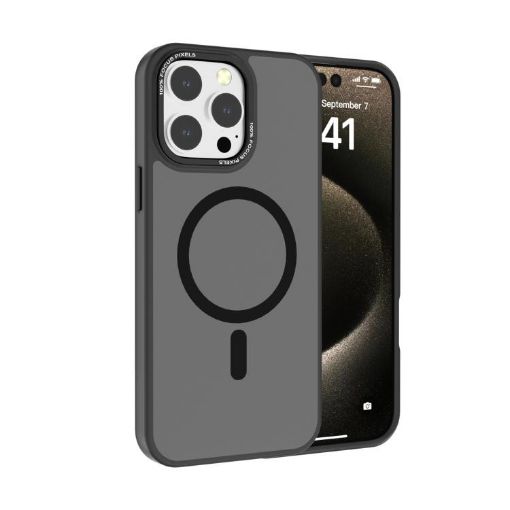 iPhone 15 Pro Kalebol Metal Lens Frame MagSafe Frosted PC Case Black - 1