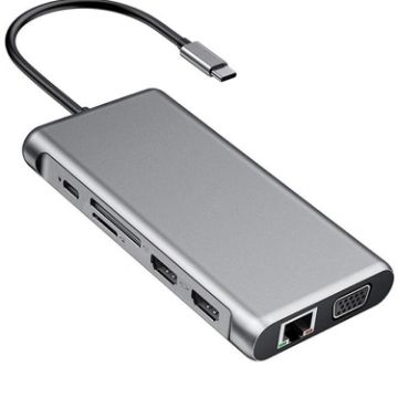 12-in-1 USB-C Hub: HDMI, USB3.0, USB2.0, PD, VGA, RJ45, SD/TF, 3.5mm Jack - 1
