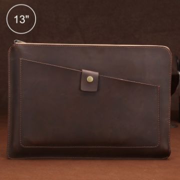 Genuine Leather Business Zipper Laptop Tablet Bag 13" & Below - Coffee - 1
