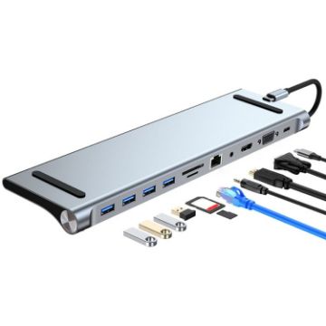 11-in-1 USB-C Docking Station: 4K HDMI, VGA, SD/TF, Ethernet, USB 3.0 - 1