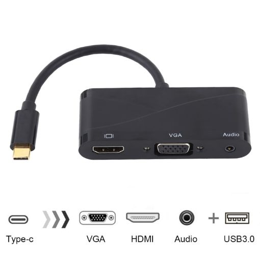 USB-C Hub Adapter: USB 2.0, Audio, VGA, HDMI Ports (Black) - 1