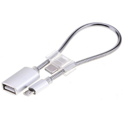 24cm Micro USB to USB OTG Adapter Cable with USB-C Connector (Silver) - 1