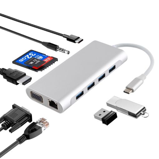 11-in-1 USB-C Hub: VGA, LAN, 4 USB 3.0, SD/TF, HDMI, Audio, Silver - 1