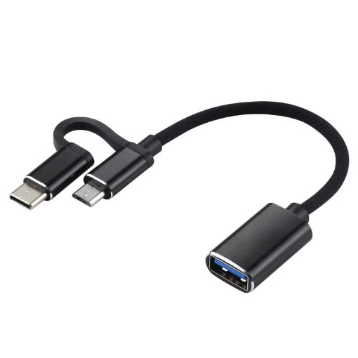 USB 3.0 Female to Micro USB & USB-C Male OTG Adapter Cable 11cm Black - 1
