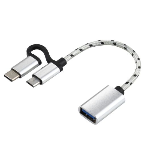 USB 3.0 Female to Micro USB & USB-C OTG Adapter Cable, 11cm Silver - 1