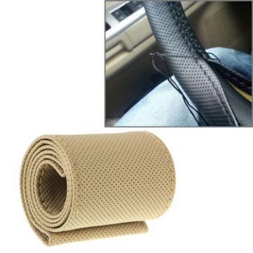 Beige PU Leather Steering Wheel Cover with Needle & Thread, 54x10.5cm - 1