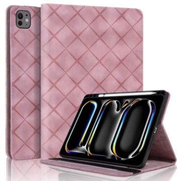 iPad Pro 13 2024 Pink Rhombus Embossed Leather Tablet Case - 1