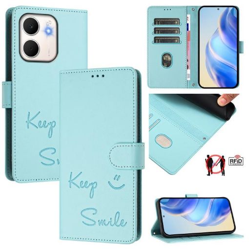 OPPO A5x 5G/4G Global Smile Embossing RFID Leather Case Mint Green - 1