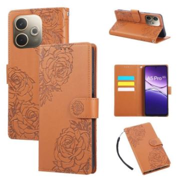 OPPO A5 Pro 5G Brown Leather Case with Rose Embossing & 3 Card Slots - 1