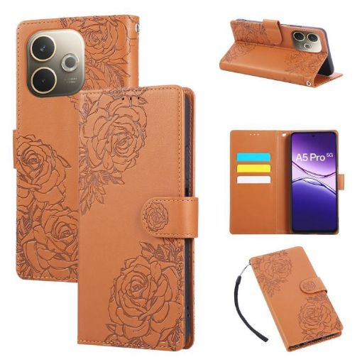 OPPO A5 Pro 5G Brown Leather Case with Rose Embossing & 3 Card Slots - 1