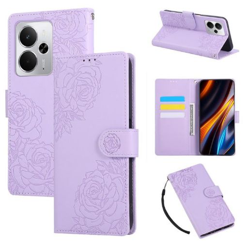 Realme 14 5G Global Rose Embossed Leather Phone Case Purple 3-Card Slots - 1