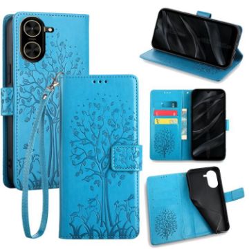 Redmi A5 4G Blue Leather Phone Case - Tree & Deer Embossed Design - 1