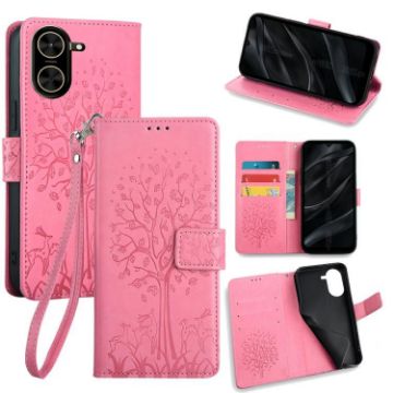 Redmi A5 4G Pink Leather Phone Case - Tree & Deer Embossed Design - 1