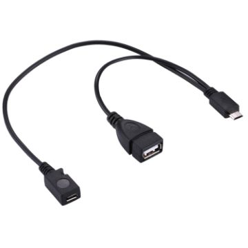 USB 2.0 Micro-B Male to Female Y Splitter OTG Cable, 19/30cm, Black - 1