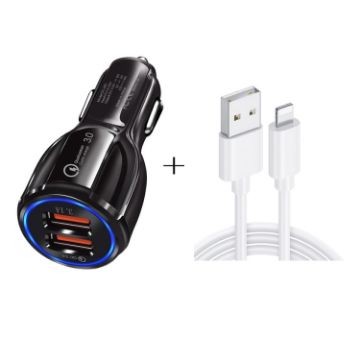 QC3.0 Dual USB Car Charger + 8 Pin Fast Charging Line Kit (Black) - 1
