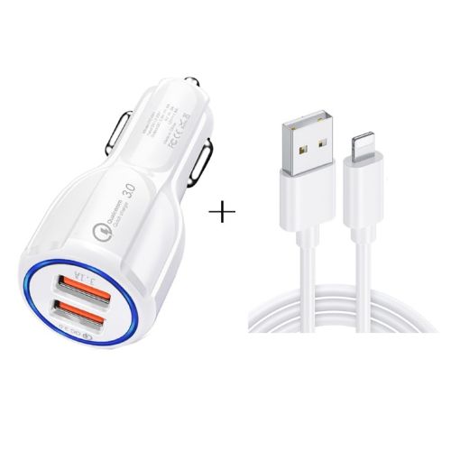 QC3.0 Dual USB Car Charger + 8 Pin Fast Charging Line Kit - White - 1