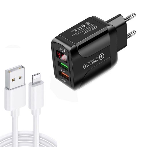 Fast Charger F002C QC3.0 USB + USB 2.0 with LED Display & 8 Pin Cable - 1
