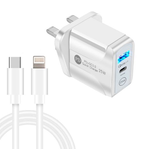 PD25W USB-C/Type-C + QC3.0 Dual Port Fast Charger with Cable, UK Plug - 1