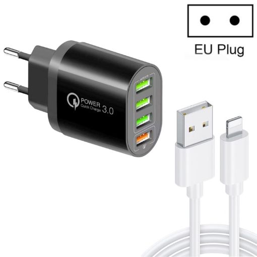 QC-04 Multi-Port Charger: QC3.0 + 3 USB2.0, 3A USB to 8 Pin Cable, EU Plug - 1