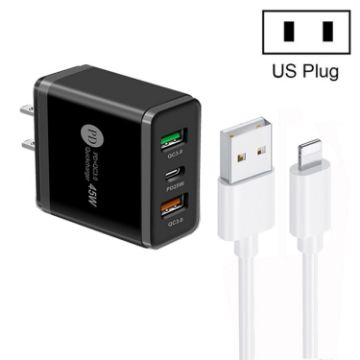 45W PD25W + 2x QC3.0 USB Charger with USB to 8 Pin Cable, US Plug, Black - 1