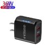 36W Dual Port QC3.0 USB Charger, Dual 18W Output, US Plug, Black - 2
