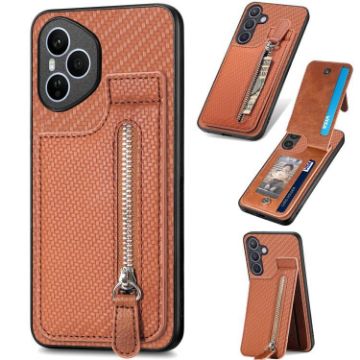 For Honor 400 Pro Global Carbon Fiber Flip Zipper Phone Case Brown - 1
