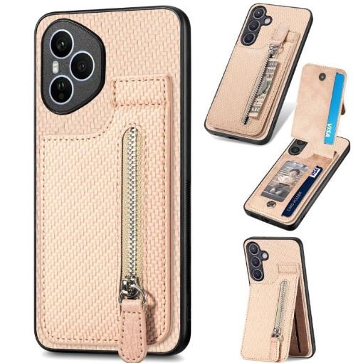 For Honor 400 Pro Global Carbon Fiber Flip Zipper Phone Case Khaki - 1