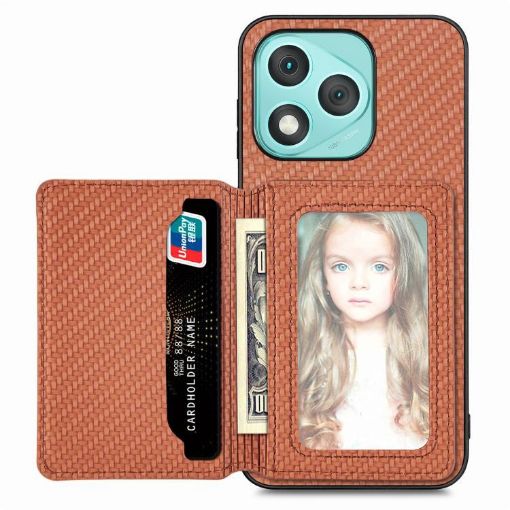 For Honor 400 Lite Brown Carbon Fiber Magnetic Card Bag Phone Case - 1