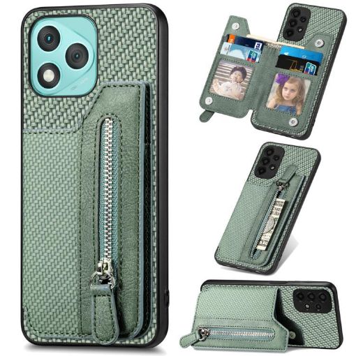 For Honor 400 Lite Green Carbon Fiber Zipper Wallet Phone Case - 1