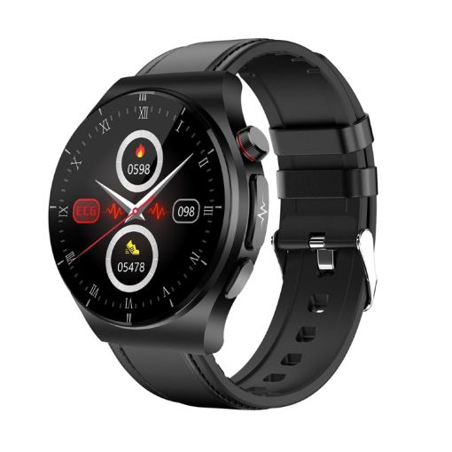 ET340 Smart Watch - 1.46" Color Screen, Health Monitoring, Leather Strap (Black) - 1