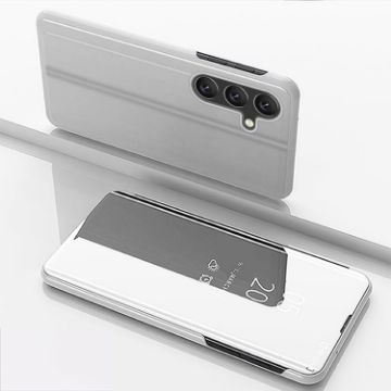 Samsung Galaxy A25 Silver Mirror Flip Leather Case with Holder - 1