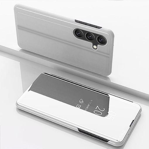 Samsung Galaxy S25+ 5G Silver Mirror Flip Leather Case with Holder - 1
