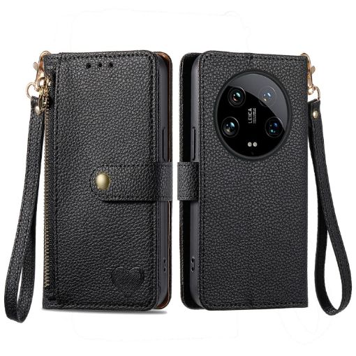 Xiaomi 14 Ultra Black Leather Phone Case with Zipper Lanyard - 1