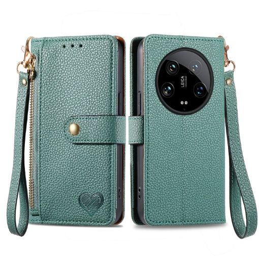 Xiaomi 14 Ultra Green Leather Phone Case with Zipper Lanyard - 1