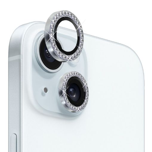iPhone 15/15 Plus Camera Lens Protector Tempered Glass Rhinestone Silver - 1