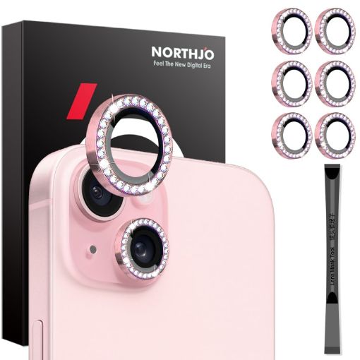 iPhone 15/14 Plus Camera Lens Protector Set - 6Pcs Pink Diamond Metal Ring - 1