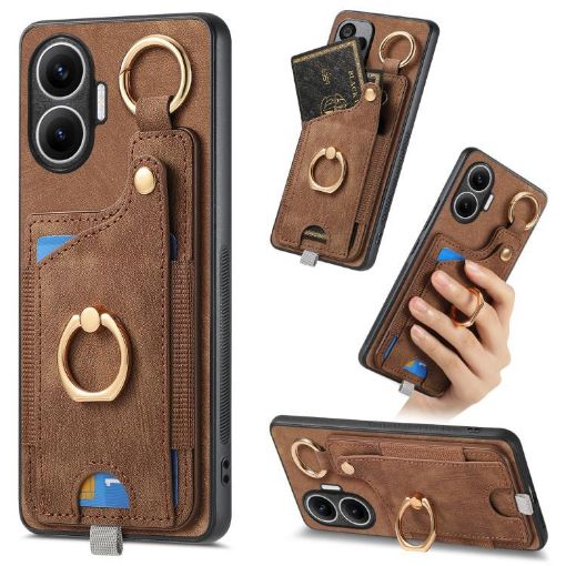 Redmi Turbo 4 Pro Retro Skin-feel Phone Case with Ring Card Bag Brown - 1