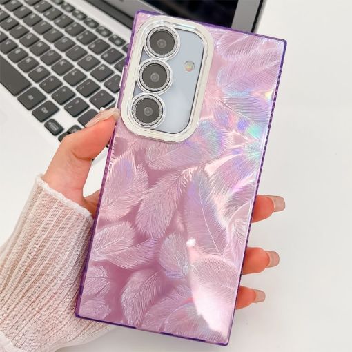 Samsung Galaxy A15 5G Glitter TPU Case with Lens Film - Purple Feathers - 1