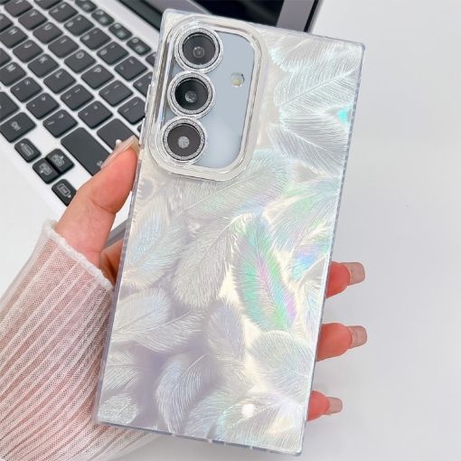 Samsung Galaxy S25+ 5G Glitter TPU Case with Lens Film - White Feathers - 1