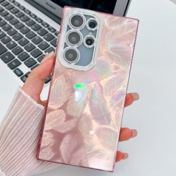 Samsung Galaxy S25 Ultra 5G Pink Feathers Glitter TPU Case with Lens Film - 1