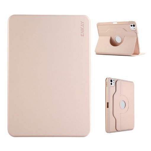 iPad Pro 13 2024 ENKAY 360 Rotation TPU Leather Case with Pen Slot Pink - 1