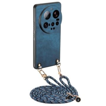 Xiaomi 15 Ultra Vintage Leather Phone Case with Crossbody Strap - Blue - 1