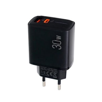 30W USB-C/Type-C + USB-A Charger, Multi Protocol, EU Plug, Black - 1