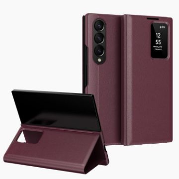 Samsung Galaxy Z Fold4 Leather Case with Card Slot, Smart View Window, Red - 1