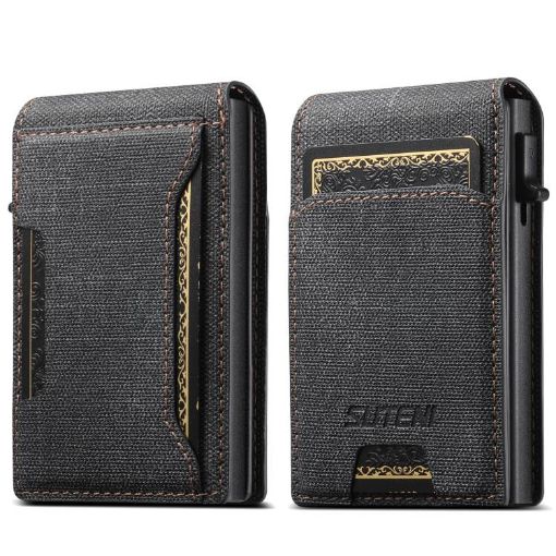 Suteni Black Denim Pattern Card Box with Automatic Button Pop-Out - 1