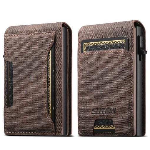 Suteni Brown Denim Pattern Card Box with Automatic Button Pop-Out - 1