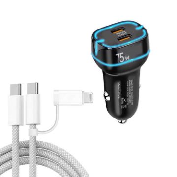 P65 75W Dual Port USB-C Car Charger with Type-C/8 Pin Cable (Black) - 1